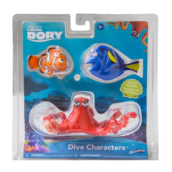 Packaging has a background of an ocean bed, inside the plastic casing there are 3 dive toys, one shaped like dory, one like nemo, and one like hank, from finding dory