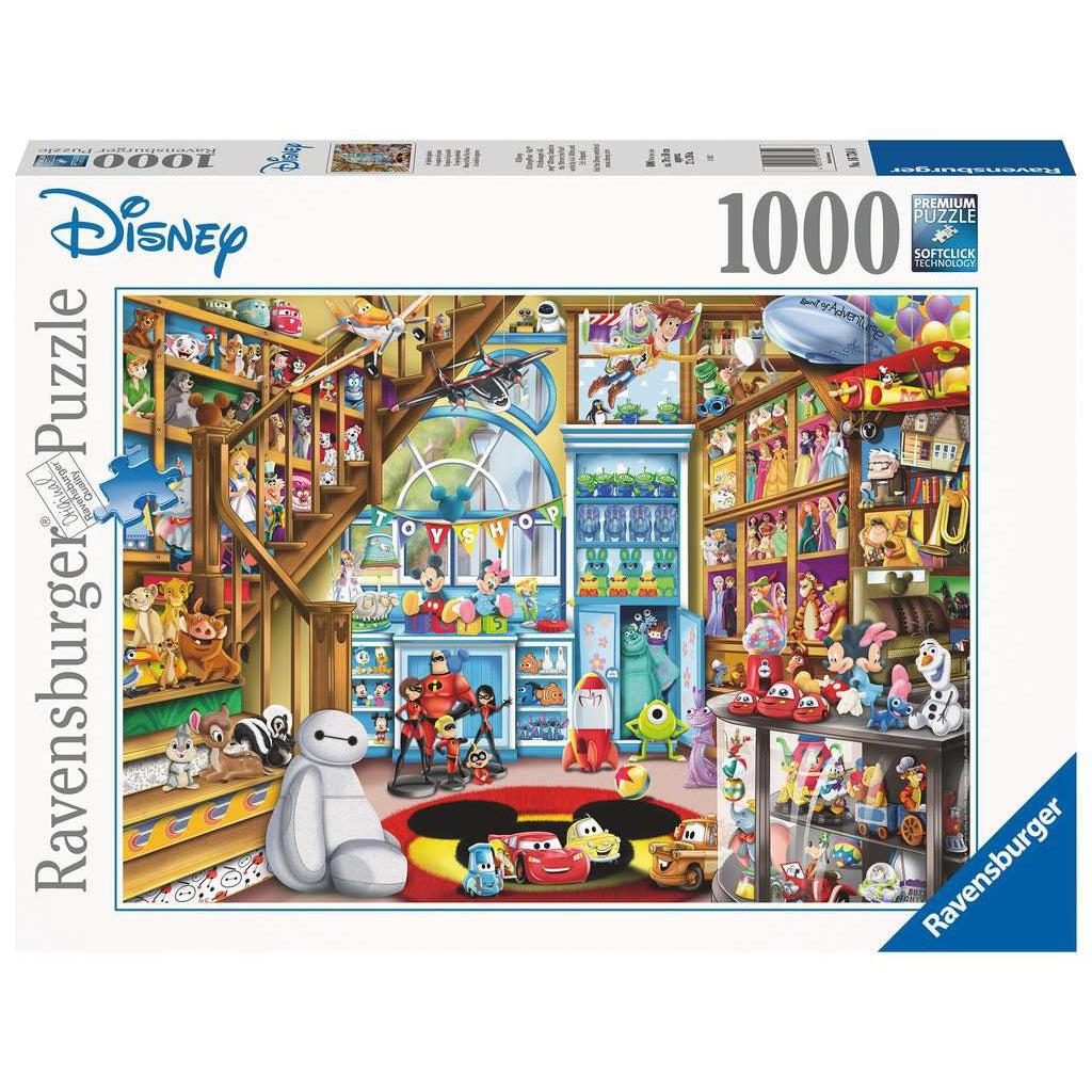 Puzzle box | Disney | Image is an illustration of the inside of a toy store with Disney and Pixar themed toys | 1000pcs