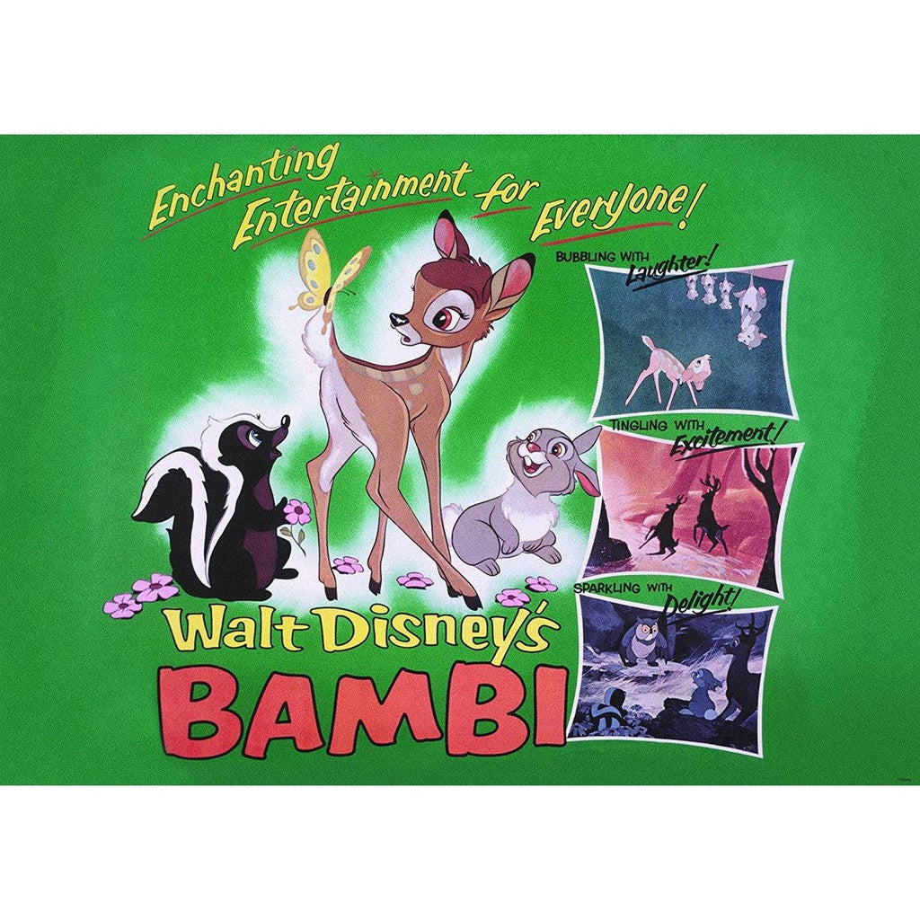Image of puzzle | Main charcter's of Disney's Bambi against a green background with scenes from the movie | Text surrounding images