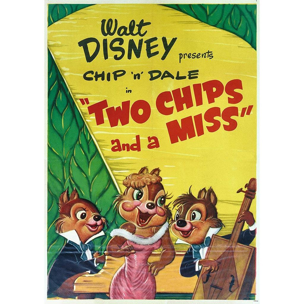 Puzzle image | Movie poster of vintage Chip & Dale gazing at a female chipmunk in a pink dress as they play bass and piano | Text on image says "Walt Disney presents Chip 'n' Dale "TWO CHIPS and a MISS"" | Background is a green leaf and solid yellow design