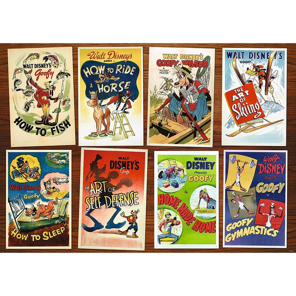 Puzzle image | Image appears as multiple movie posters against a wood background | Movie posters are vintage Disney movies featuring goofy | 8 posters total.