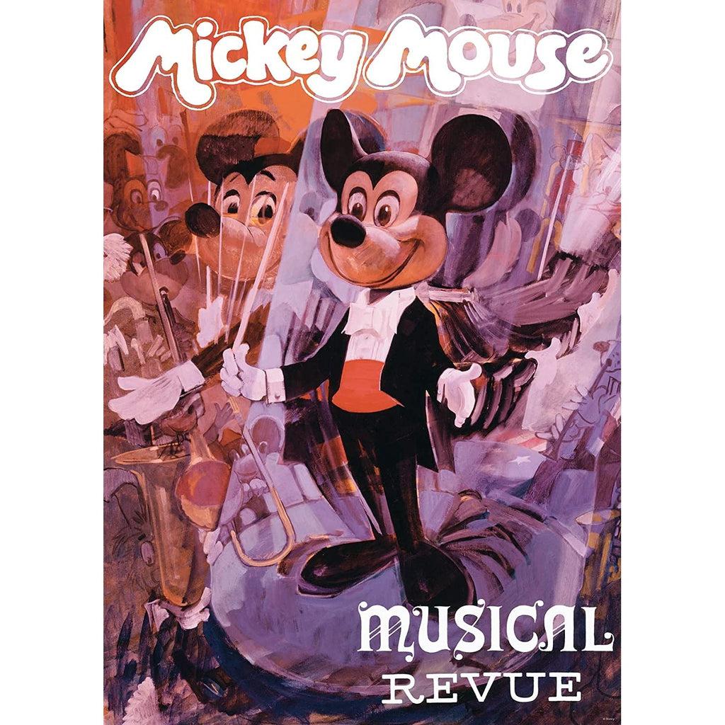 Puzzle image | Painted art-style rendition of the Mickey Animatronic from the Musical Revue ride at Disney World | Image shows mickey conducting on a light purple emptier side and another Mickey conducting a large group of Disney characters on the orange full side. | Text on image says "Mickey Mouse, MUSICAL REVUE"