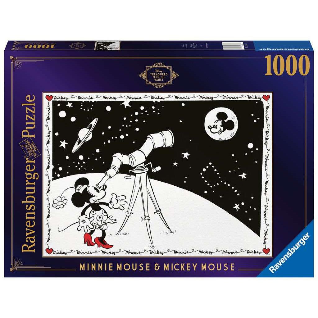 Ravensburger puzzle box | Disney Treasures from the vault | Image of puzzle with vintage Minnie Mouse looking through a telescope at Mickey Mouse's head on the moon | 1000pcs