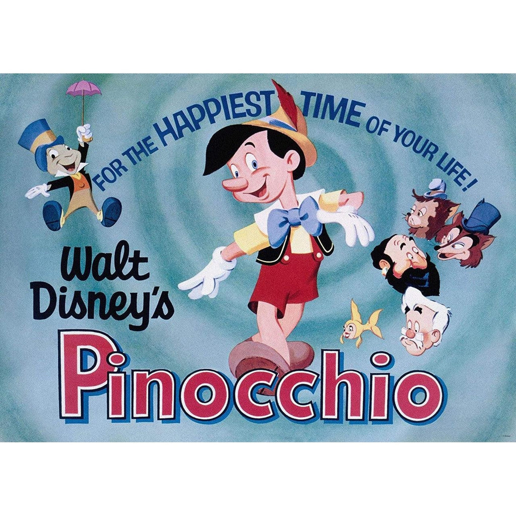 Image of puzzle | Pinocchio and the heads of other main characters are pictured on a teal background | Text on image includes Pinocchio quote and "Walt Disney's Pinocchio"