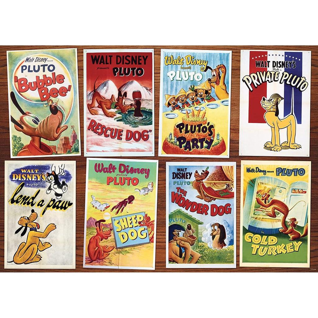 Puzzle image | 8 vintage movie posters sit against a wooden background | Each poster features cartoon illustrations of Disney's Pluto in a variety of short films and their associated titles.