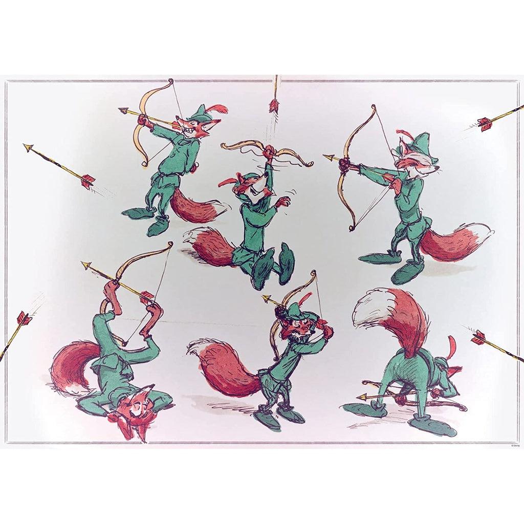 Puzzle image | The background is white and a thin border runs along the outside of the puzzle | 6 illustrations of the vintage, fox version of Robin Hood stand/sit in varying positions all firing a bow and arrow | Stray arrows appear to fly halfway off the puzzle edges or through the area of the puzzle.