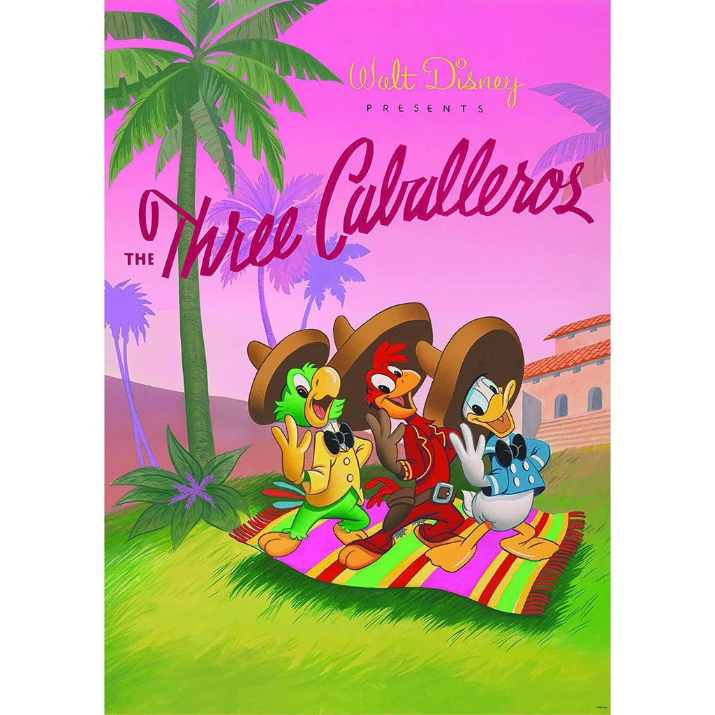 Image of puzzle | Donald Duck and two other birds in sombreros stand on a Mexican blanket in front of a pink sky | Text on puzzle 