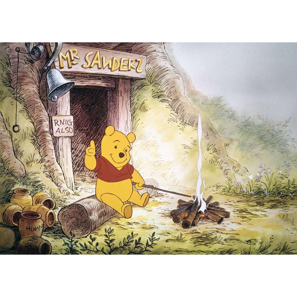 Puzzle Image | Winnie the Pooh sits on a log holding a stick over a small camp fire. Behind him is the doorway to his underground home with the name "Mr. Sanders" above the door. | Behind Pooh on the ground are scattered empty honey pots | The distance is foggy and grassy.