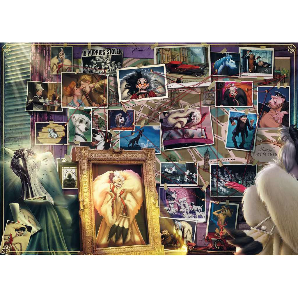 Image of puzzle | Cruella de Vil looks at evidence board with images from Disney's 101 Dalmatians 