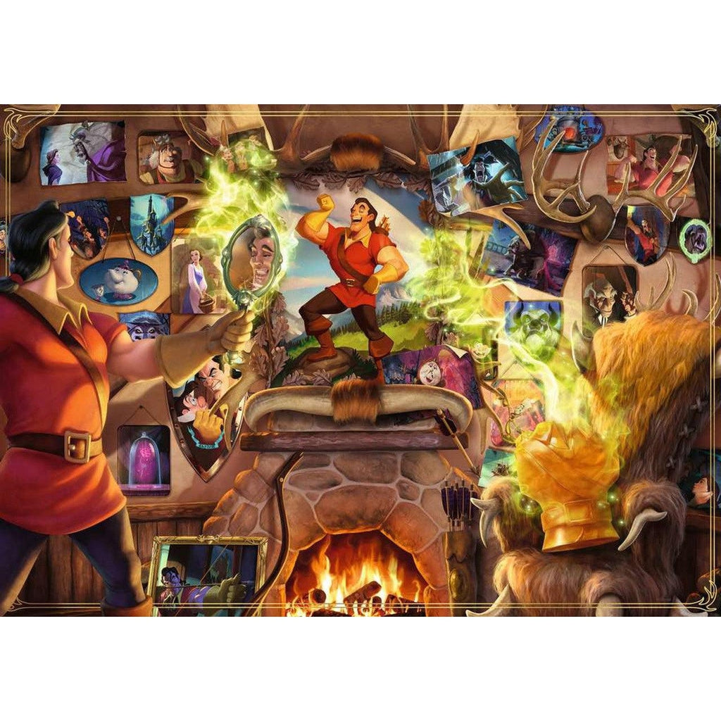 Image of puzzle | Gaston looks in hand mirror | Behind him a wall contains a fireplace and photos from Disney's Beauty and the Beast