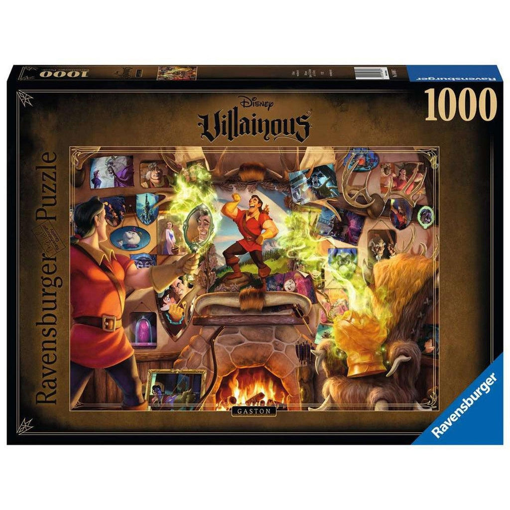 Ravensburger puzzle box | Disney Villainous | Image of Disney's Gaston looking at wall of images from Disney's Beauty and the Beast | 1000pcs