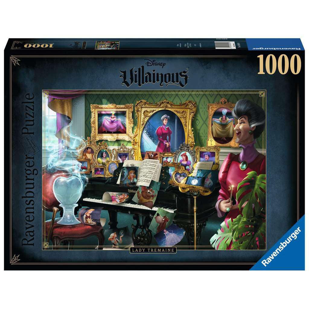 Ravensburger puzzle box | Disney Villainous | Image Lady Tremaine  looking over various scenes from Disney's Cinderella | 1000pcs