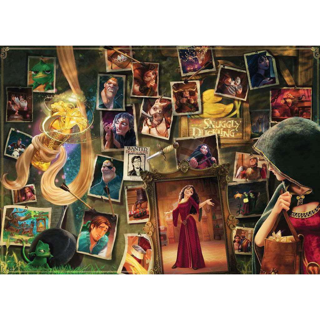 Puzzle image | Cloaked Mother Gothel gazes at a wall of images from Disney's Tangled | Small chameleon in bottom left corner and a lock of Rapunzel's hair tumbles down from above holding a golden game piece.