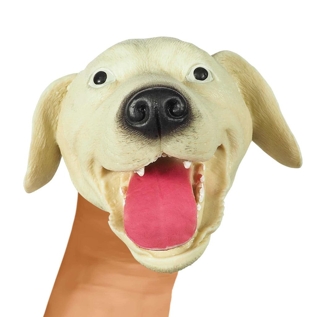 Yellow dog puppet | Yellow lab style dog hand puppet with opening mouth. | Mouth has long realistic pink tongue and white teeth.