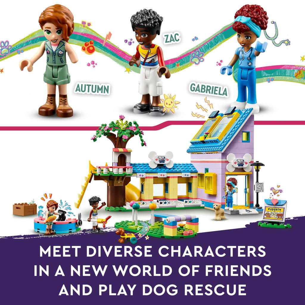 top image shows the three lego friends characters: autumn, zac, and gabriela | bottom image shows the same image as the first image without the box behind it | Image reads: Meet diverse characters in a new world of friends and play dog rescue.