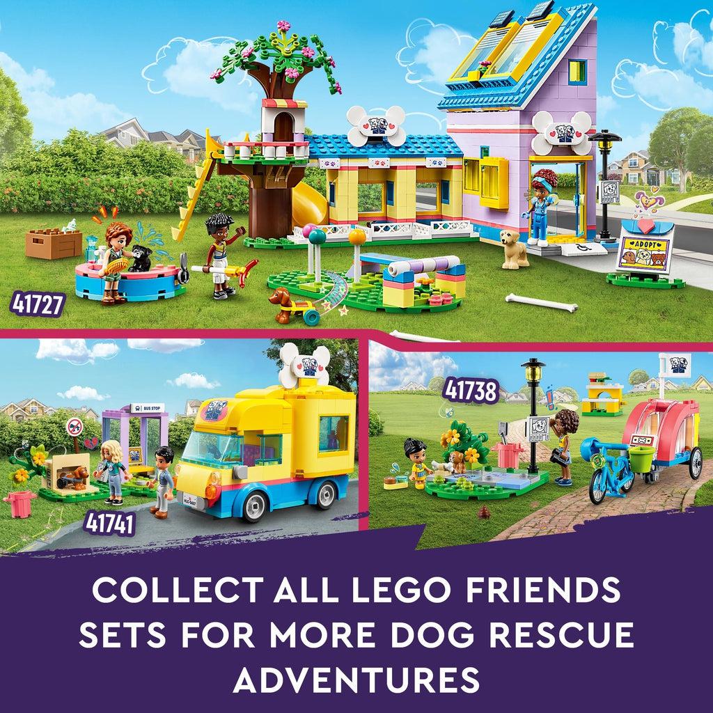 this lego set as well as two others are shown (sets: 41741 and 41738; not included) | Image reads: Collect all lego friends sets for more dog rescue adventures