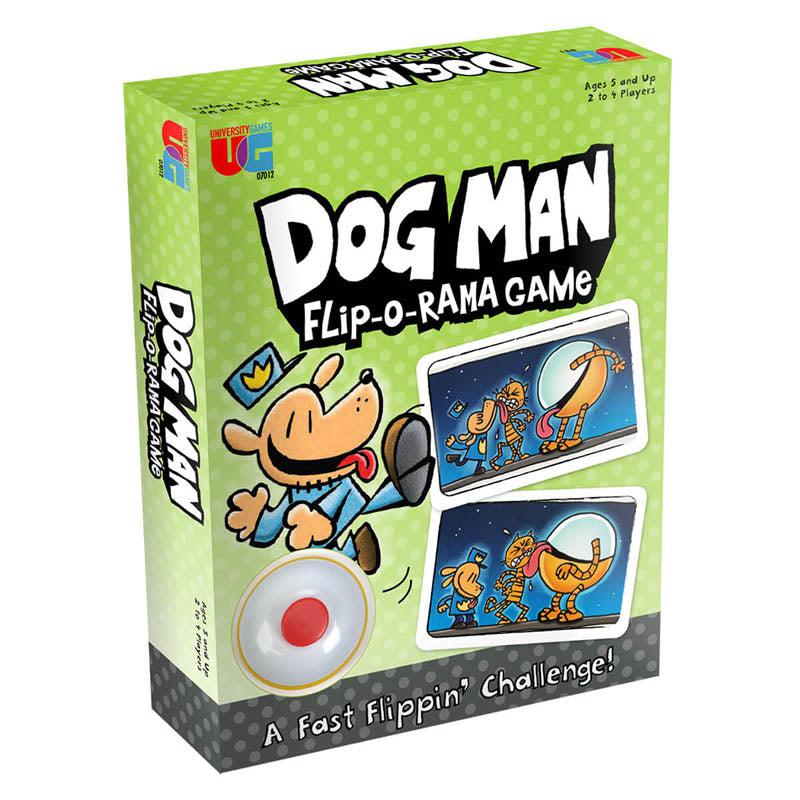 Image of the box for the DogMan Flip-O-Rama game. On the front is a drawing of DogMan as well as a picture of two comic cards.