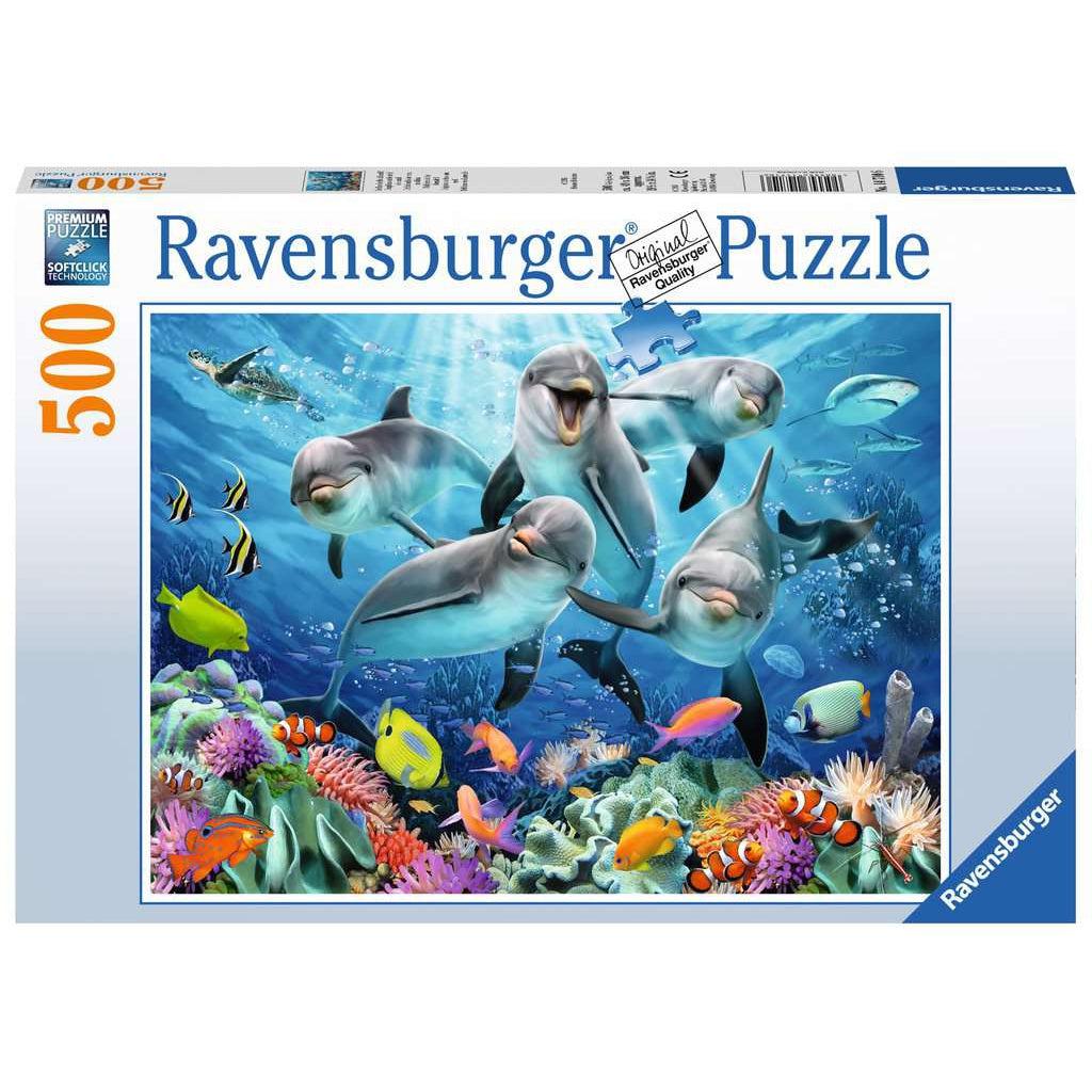 Puzzle box | Image of dolphins and other sea life above a coral reef | 500pcs