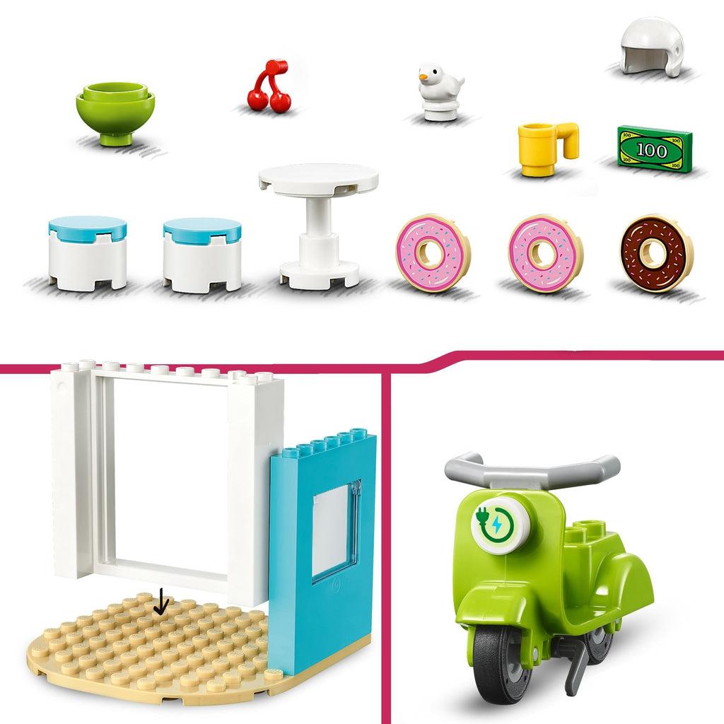 top image shows all included accessories (detailed in product description) | bottom left shows pieces being attached to the easy for kids starter brick | bottom right shows the green electric motor scooter.