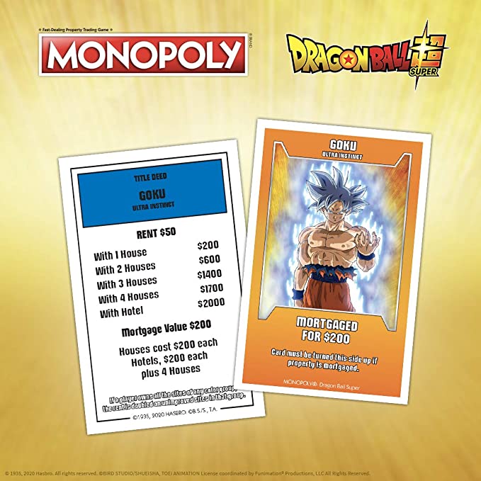 Property Cards | Each property is represented by a character from Dragon Ball Super. | Cards have property information on one side, and a picture of the associated character on the other side.