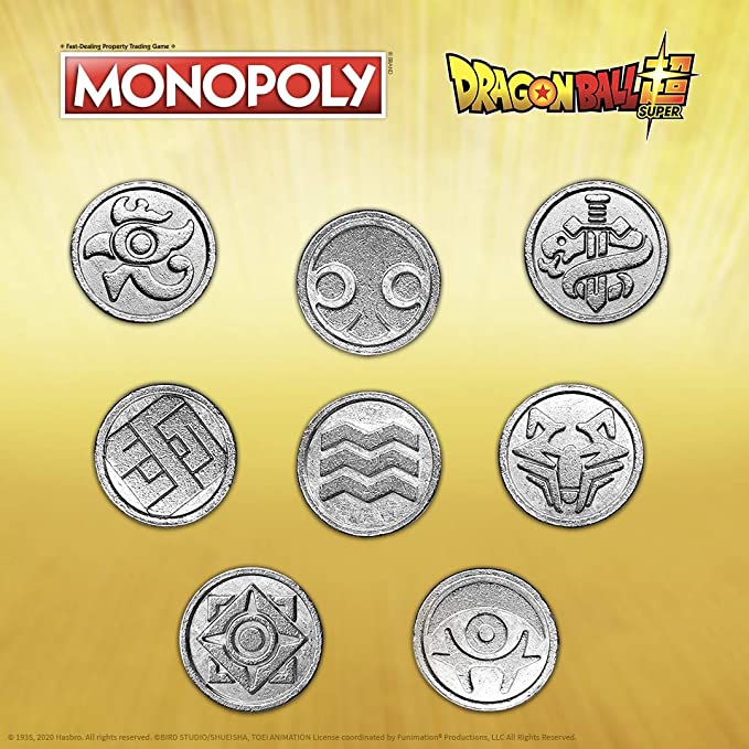 Bespoke Universe Symbol tokens | Silver metal game pieces with symbols from Dragon Ball Super.