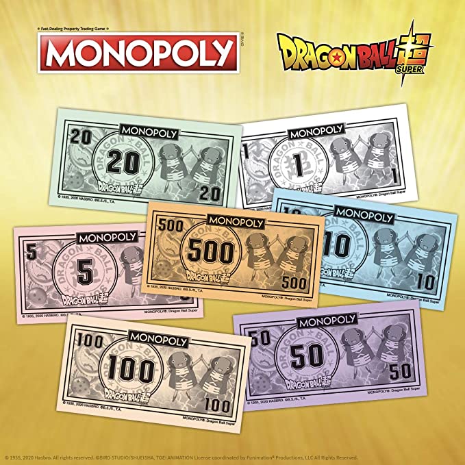 Money game pieces | Bills of different value each have a unique color. All bills have illustrations from Dragon Ball Super on them.
