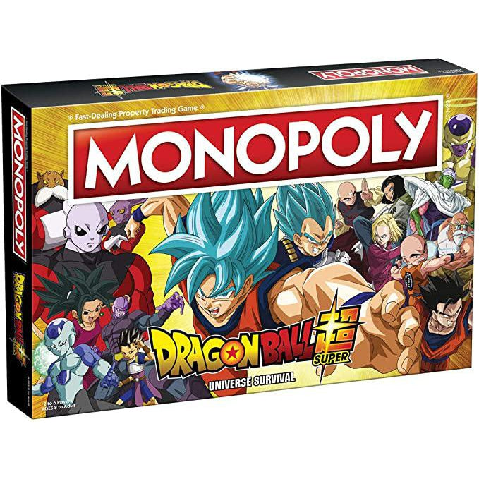Game box | Large Monopoly logo at the top of the box, middle of box has the characters of Dragon Ball Super anime, and lower half of box has Dragon Ball Super logo.