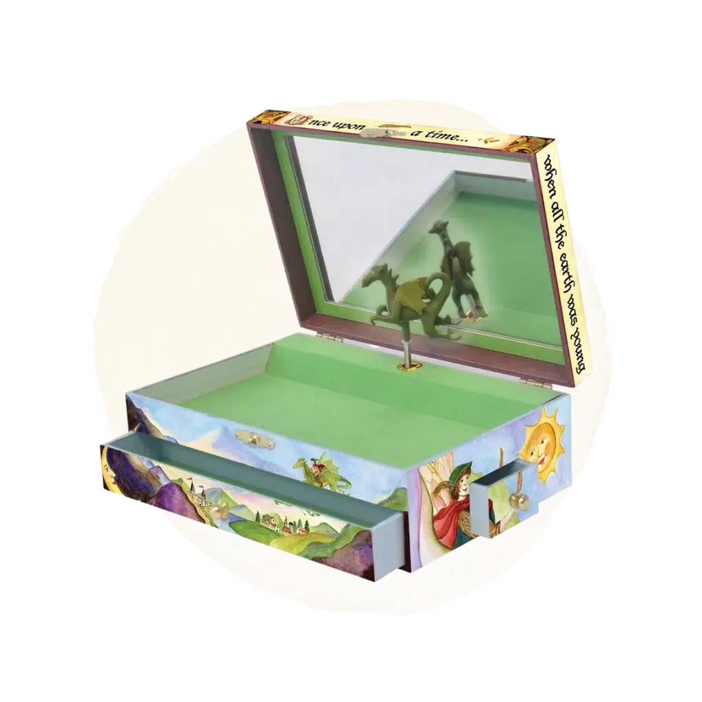 The inside of the box reveals a mirror with a dragon figure in front of it that spins as the music plays.
