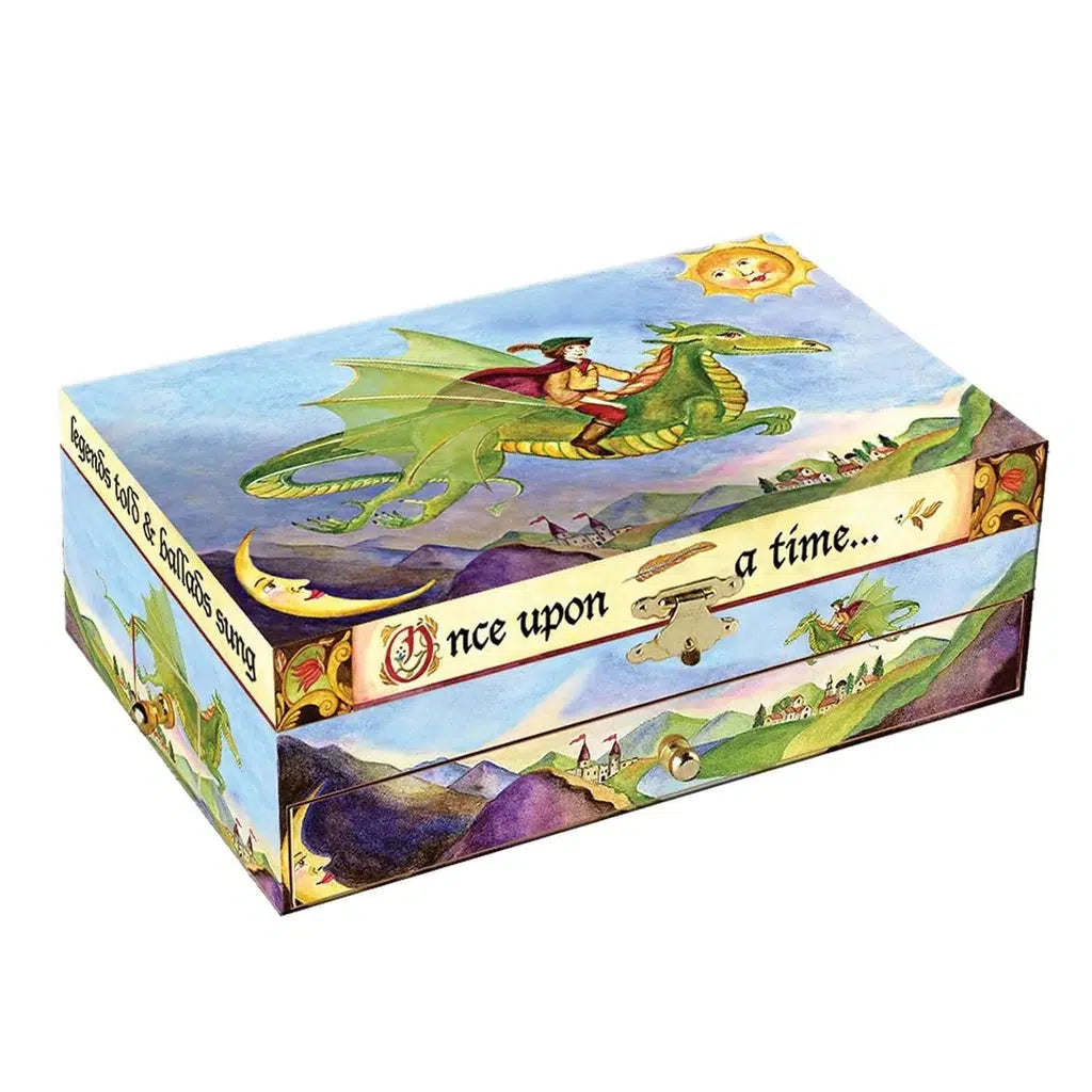 A short wide box with a long drawer on the front bottom, and two small drawers in the sides. The outside depicts scenes of a man riding an dragon over a mediaeval countryside.