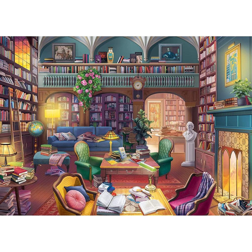 Puzzle is a scene of a library with bookshelves lining the walls up to the ceiling. There are books lying around on all surfaces with cozy chairs and lamps for book reading. There is a fireplace with a roaring fire. Through the window you can see the sunset.