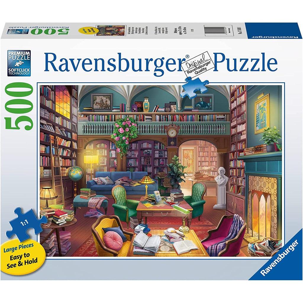 Image shows front of puzzle box. It has information such as brand name, Ravensburger, and piece count (500 XL). In the center is a picture of the finished puzzle. Puzzle described on next image.