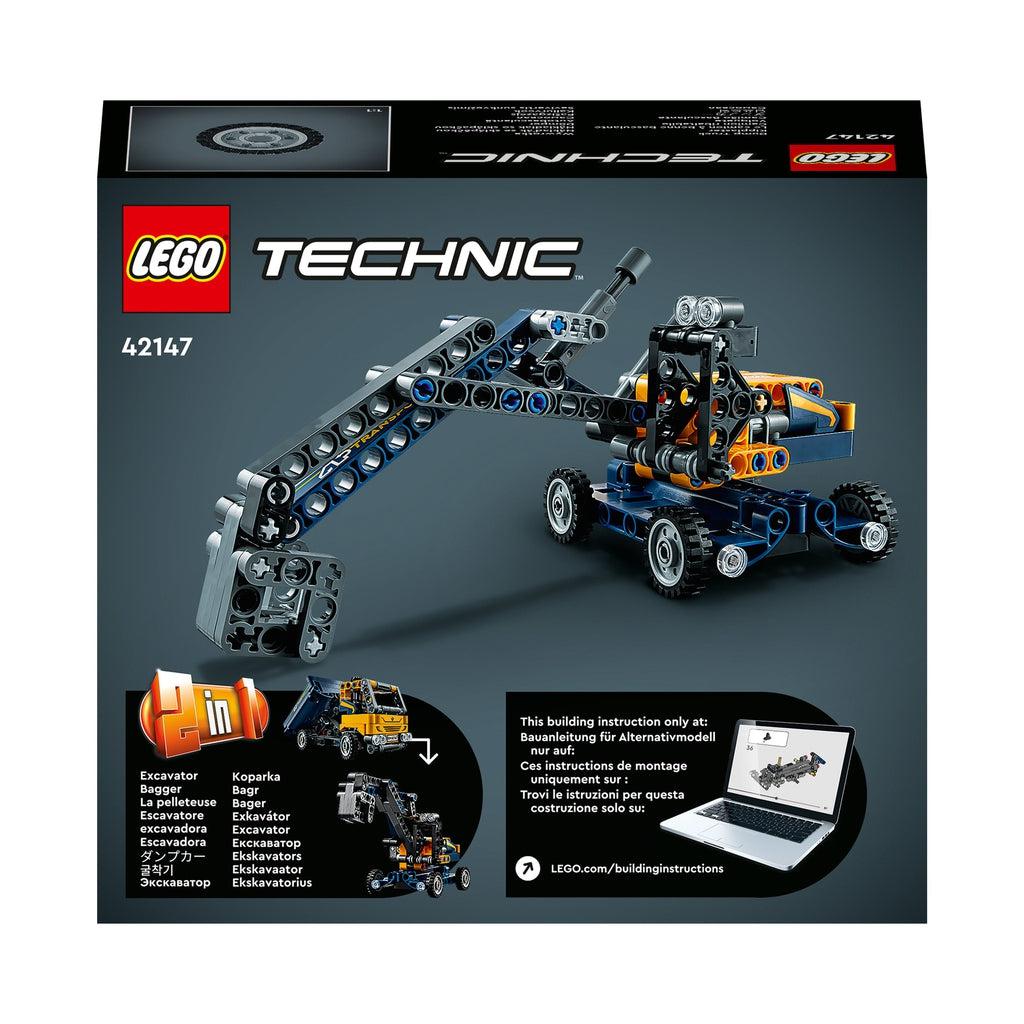 The back of the box shows the excavator build version with a small image of both builds and the 2 in 1 graphic in the bottom left corner
