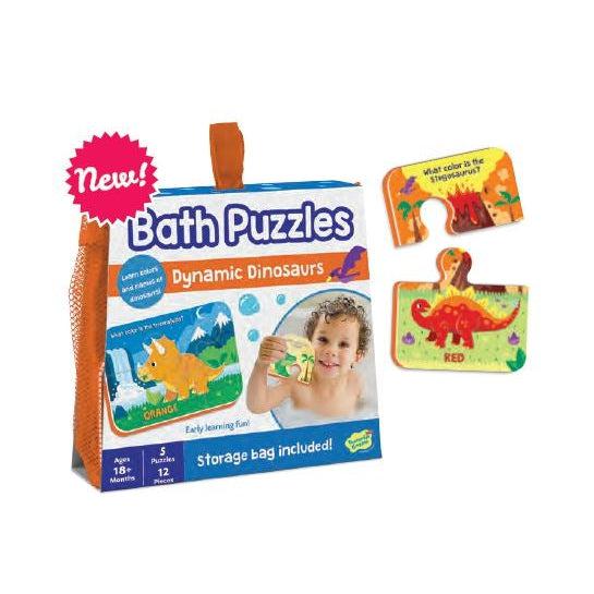 Image of the packaging for the Dynamic Dinosaurs Bath Puzzle. It is a bag covered with cardboard packaging surrounding it. On the front are pictures of the puzzle pieces and a picture of a little boy playing with the toy in the bath.