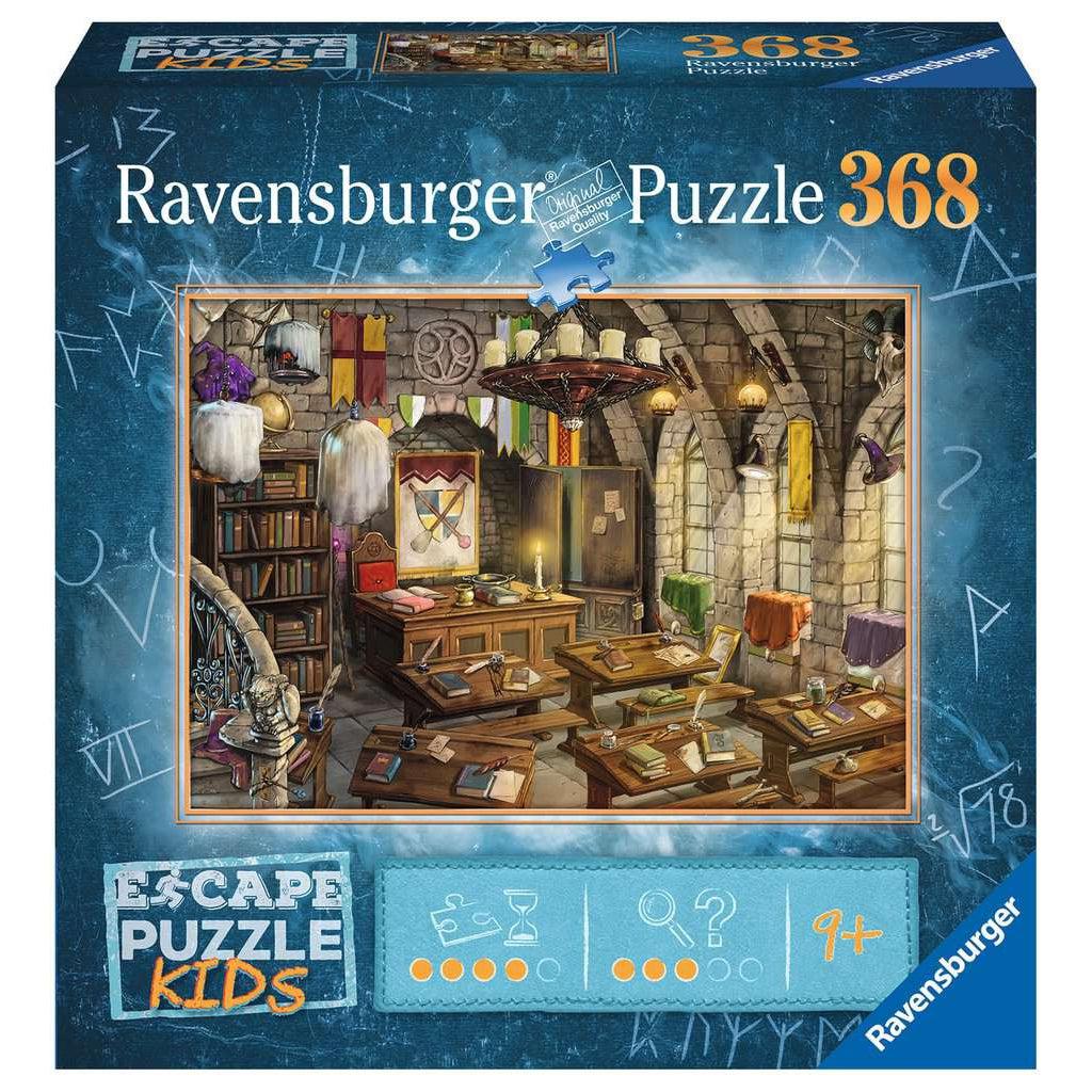 Puzzle box | Escape Puzzle KIDS | 4/5 Time Rating | 3/5 Difficulty Rating | 368pcs | Image of medieval style room with desks, books, quills, and items one would associate with a wizard such as cauldrons and candles.