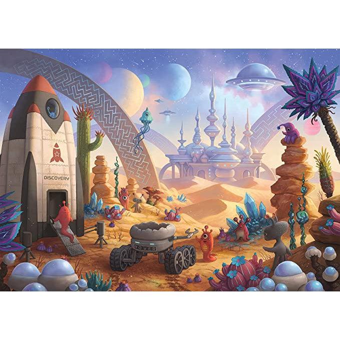 Image on box | Space scene with sandy terrain, exotic plants, and crystals. | Small aliens are scattered across the landscape | Close up, a rocket and rover |  In the distance a large futuristic building and galaxy scene.
