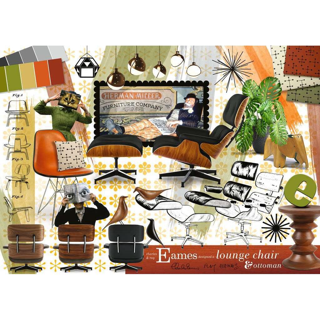 Image of puzzle | Art showcasing midcentury modern furniture, colorful patterns, and humans | Text at bottom focuses on Eames, lounge chair, and ottoman