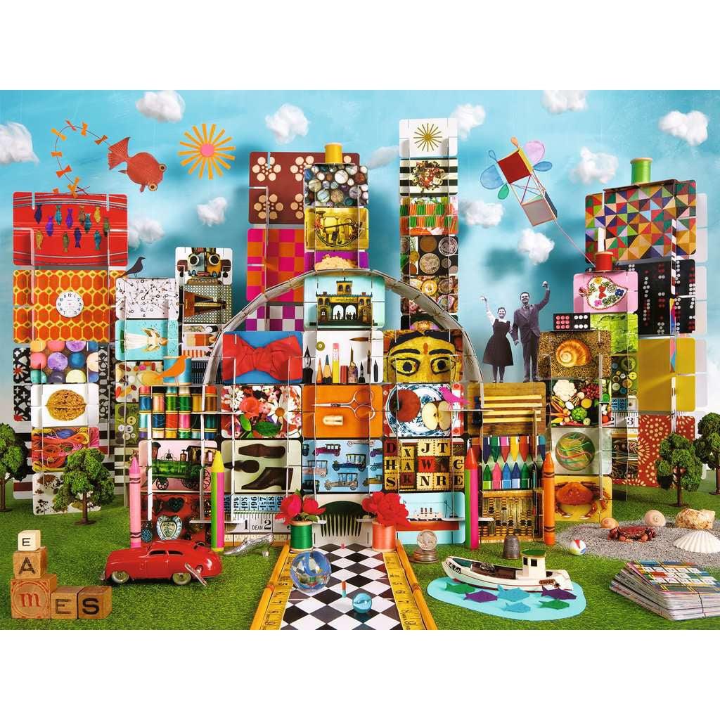 Puzzle is an image of mixed media art. House of card style city containing items and media pertaining to the Eames couple. Examples include: interior design materials, asterisk logo, and mid-century modern patterns. 
