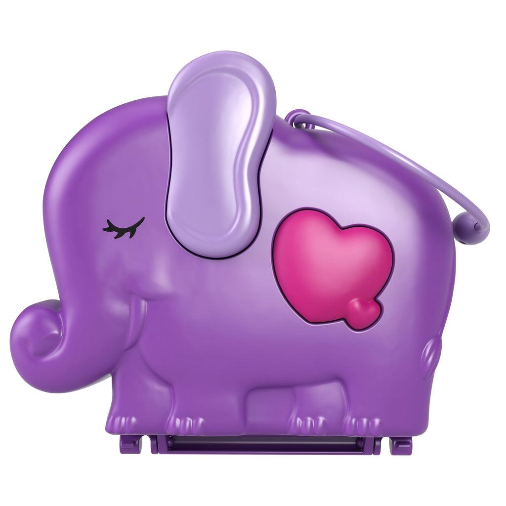 Closed compact | Compact appears as a purple elephant with a pink squishy foam heart on its body. | The compact has a purple adjustable strap for travel use.