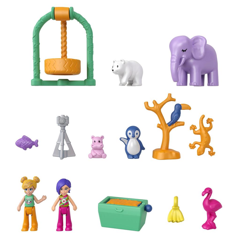 Accessories are small plastic pieces included with compact | Includes a tire swing, polar bear, elephant, fish, camera, baby hippo, penguin, barren tree with bird, lizard, food trough, bananas, flamingo, and micro Polly and Bella figures.