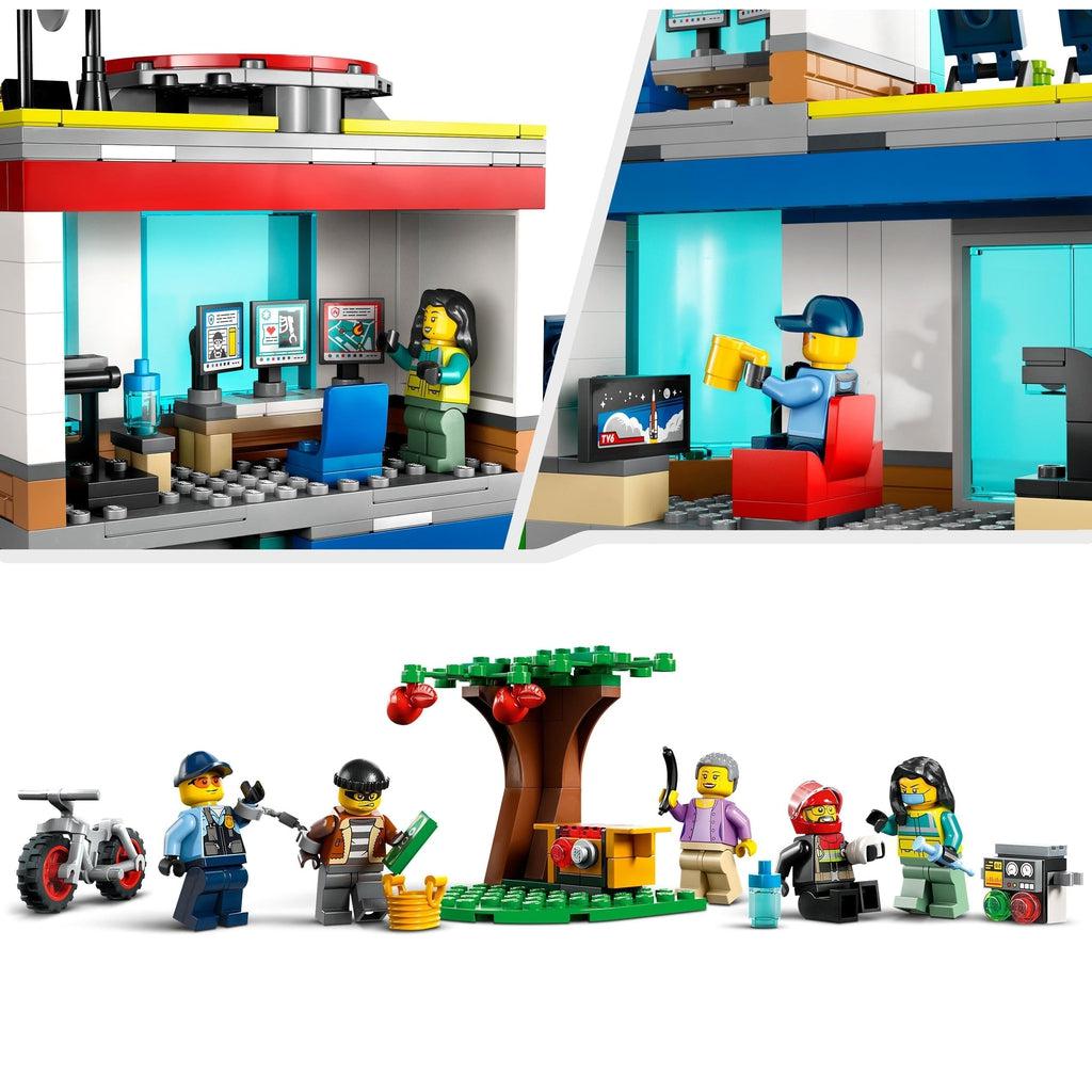 Top left shows a woman minifugre standing next to a computer desk with emergency service alerts on the screen | top right shows a policeman minifigure watching a lego tv | bottom image shows the 5 figures around the barbeque and tree with the policeman arresting the crook and the medic figure bandaging the fireman figures arm