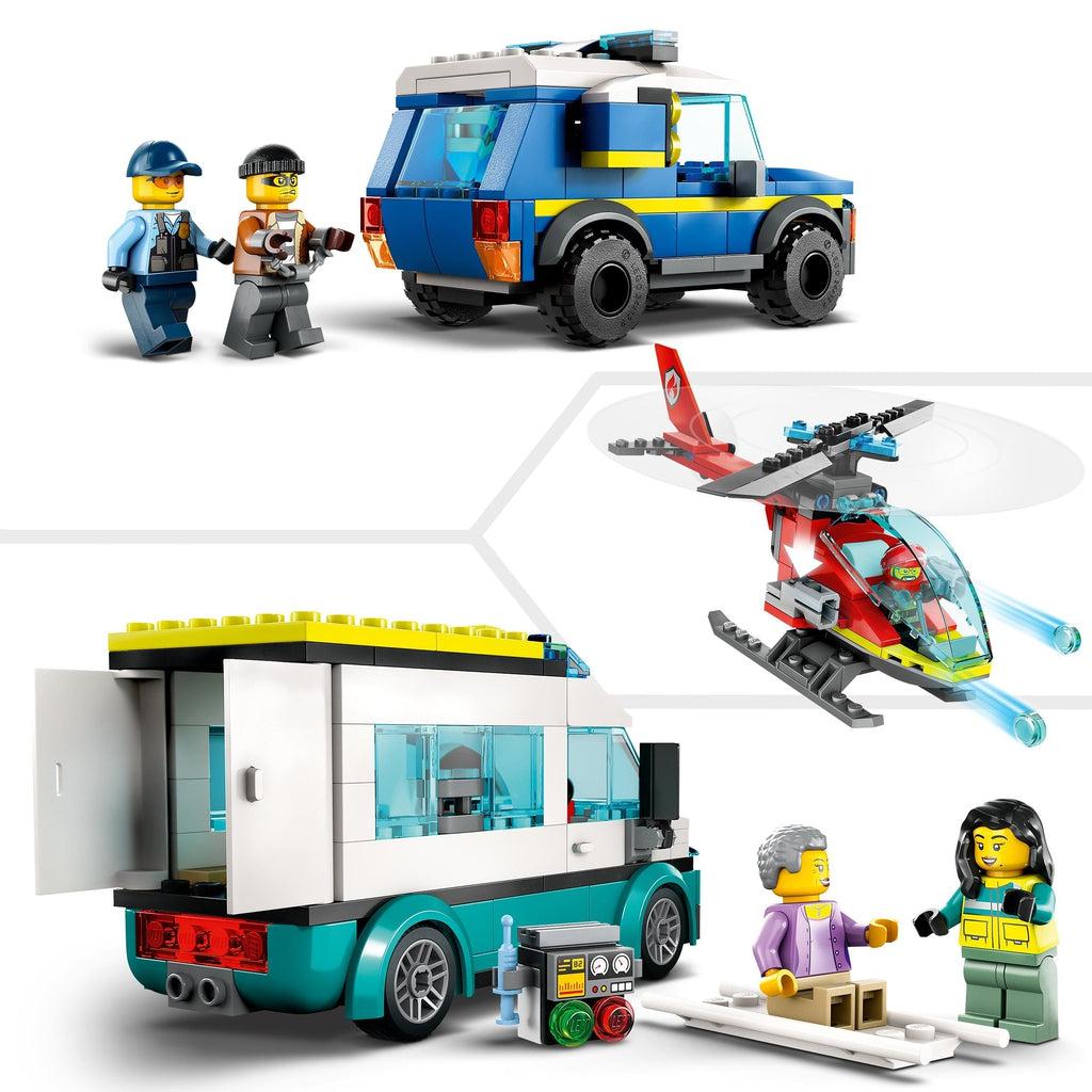 top image shows the policeman figure walking the crook figure to the police van | bottom image shows the medic figure helping an old woman figure onto a stretcher outside the medic van | middle right image shows the helicoptor and the "water firing" guns on the side with blue lego studs shooting out of it
