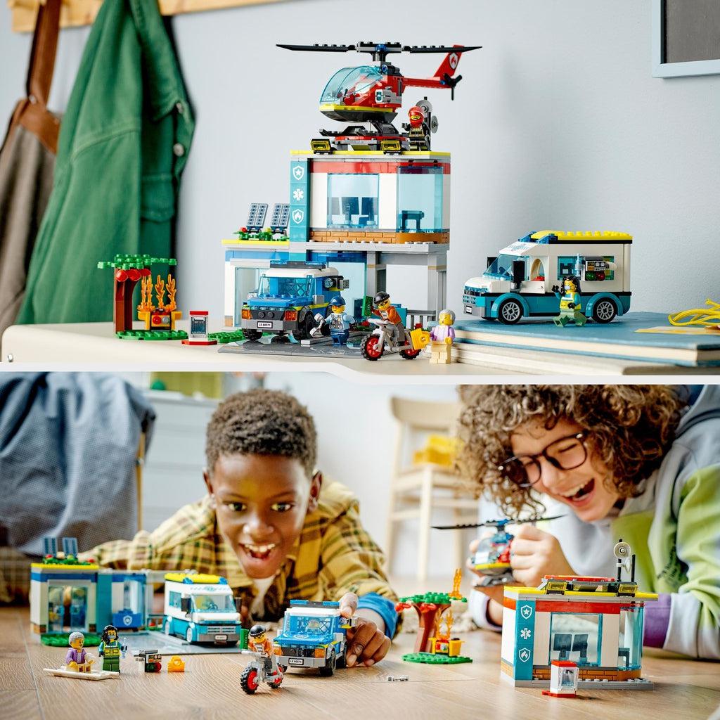 top image shows the full lego set on top of a table | bottom image shows two children playing with the lego set and smiling