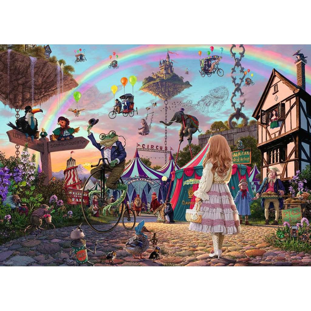 Puzzle is a picture of a little girl standing at the entrance to a magical circus. There are all sorts of different animals wearing clothes and doing different tasks. There are flying carriages in the sky. There are stalls that sell food and trinkets.
