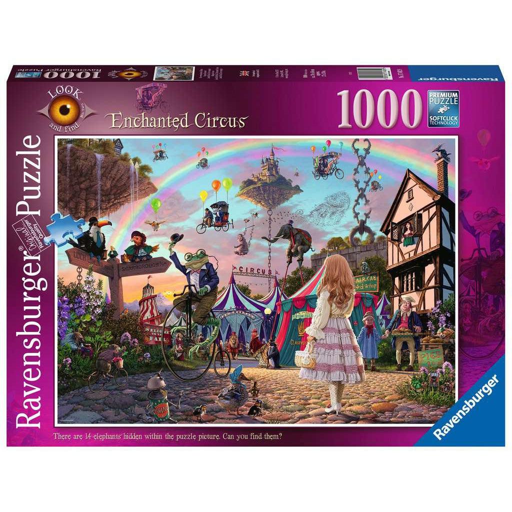 Image shows front of the puzzle box. It has information such as brand name, Ravensburger, and piece count (1000pc). In the center is a picture of the finished puzzle. Puzzle described on next image.