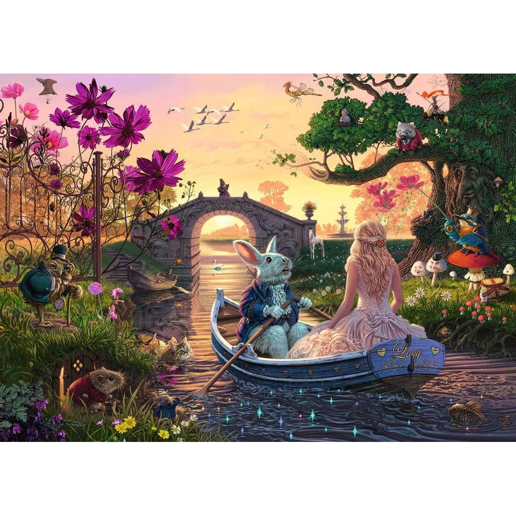 Puzzle image | A girl in a pink dress and a a human sized white rabbit in a blue coat sit in a wooden boat rowing down a stream | Around them are a variety of mystical creatures including: animals wearing human clothes, mushrooms with human faces, large colorful flowers, and a tree with a face | The sky has dusky sunset colors which are reflected onto the water.