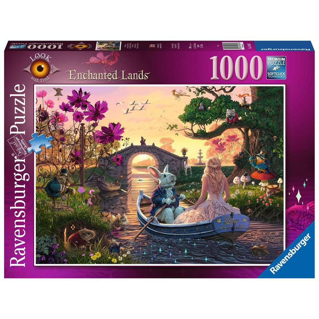 Puzzle box | Enchanted Lands | Image of a girl and human sized rabbit rowing a boat down a river in an enchanted setting | 1000pcs