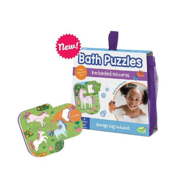 Image of the packaging for the Enchanted Unicorns Bath Puzzle. It is a mesh bag surrounded in cardboard packaging. On the front is a picture of one of the puzzle pieces and a picture of a little girl playing with the toy in the bath.