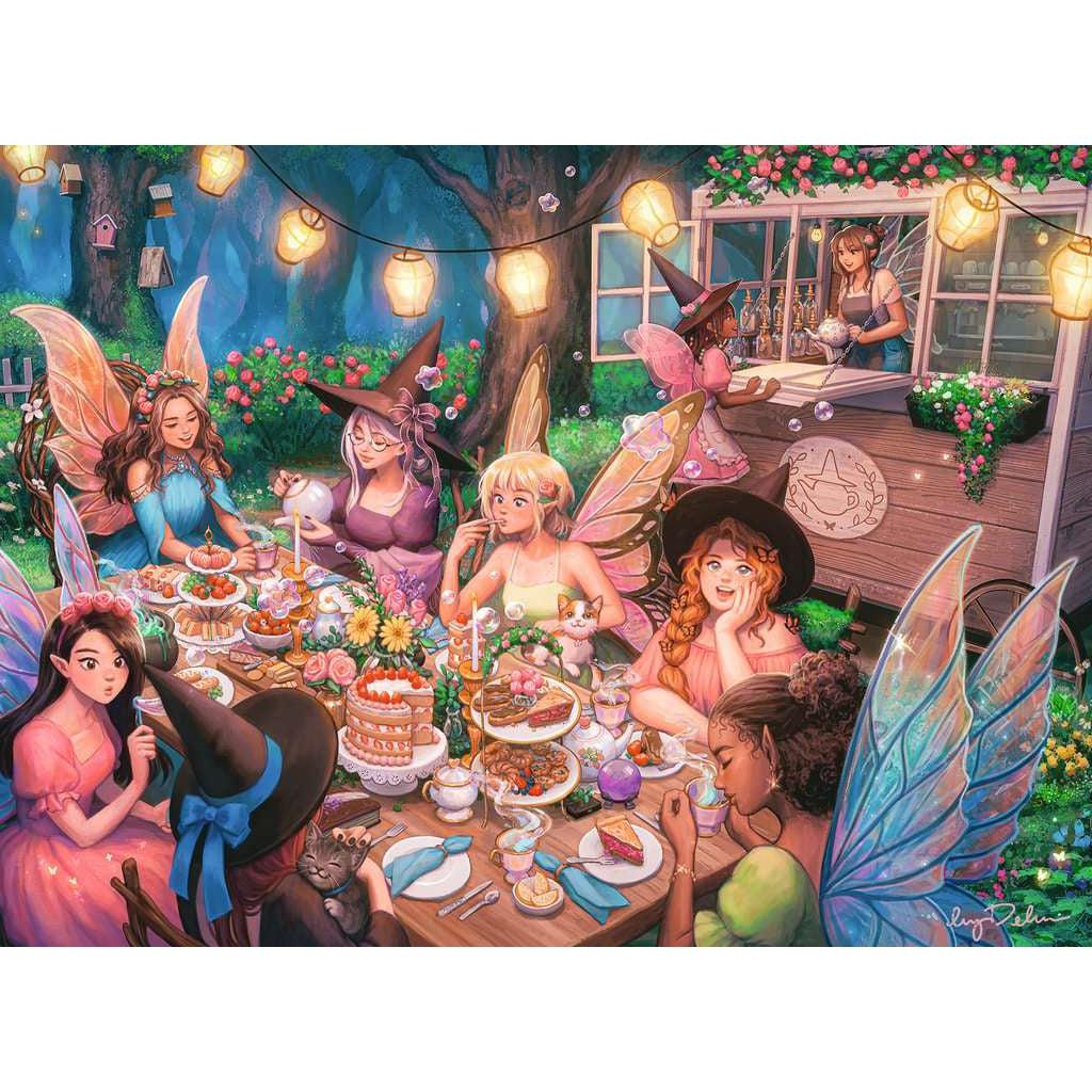 Puzzle image | 7 fairies of varying hair, skin, and wing color sit at an outdoor picnic table for an evening gathering. The table has a large spread of desserts, tea, flowers, and food. | Around them flowers bloom from forest plants, and lanterns hang low in strings above the table. | Behind the table a fairy orders tea from a small tea stand.