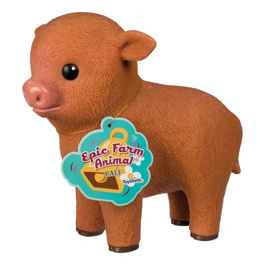 An 8 inch tall rubber calf with detailing to give the impression of hair all across it. It also has a cute nose, ears, and hooves to finish the design. The tag for the product attached around the neck reads: epic farm animal: calf, followed by the toysmith logo.