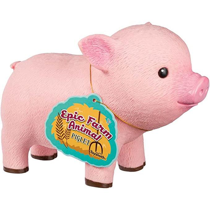 This little rubber pig has detailing to give the impression of hair across the body. It also has a cute snout, ears, and hooves, and a little curled tail to round out the look. The wrapped on the neck reads: Epic farm animal: piglet, followed by the toysmith logo.